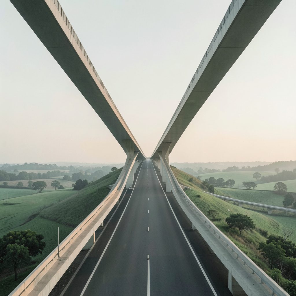 Clean architectural photograph of a modern highway overpass with strong symmetrical lines, soft morning light, and muted sage-green landscape